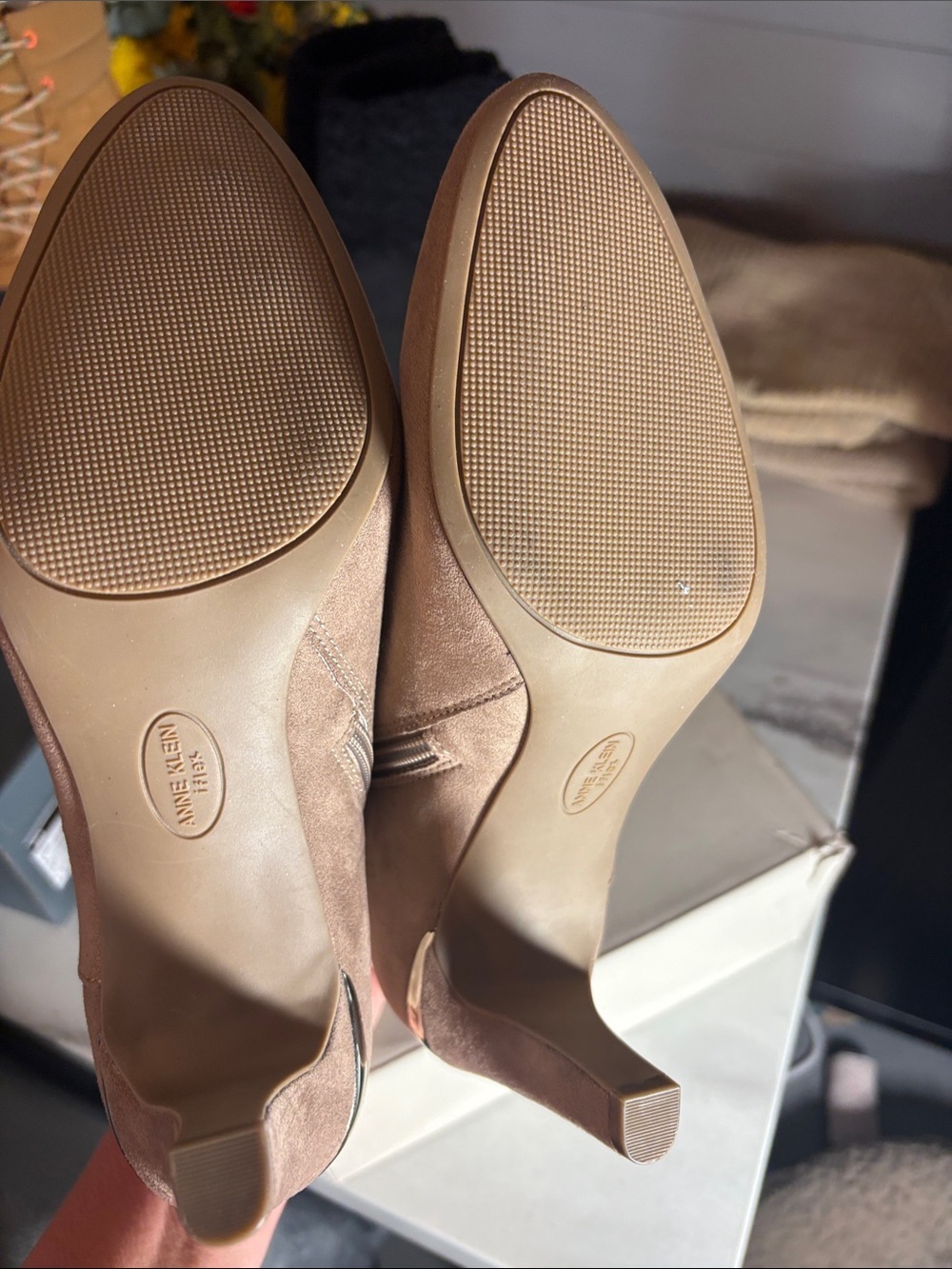 Anne Klein Taupe Suede Side Zip Ankle Booties - Picture 5 of 9